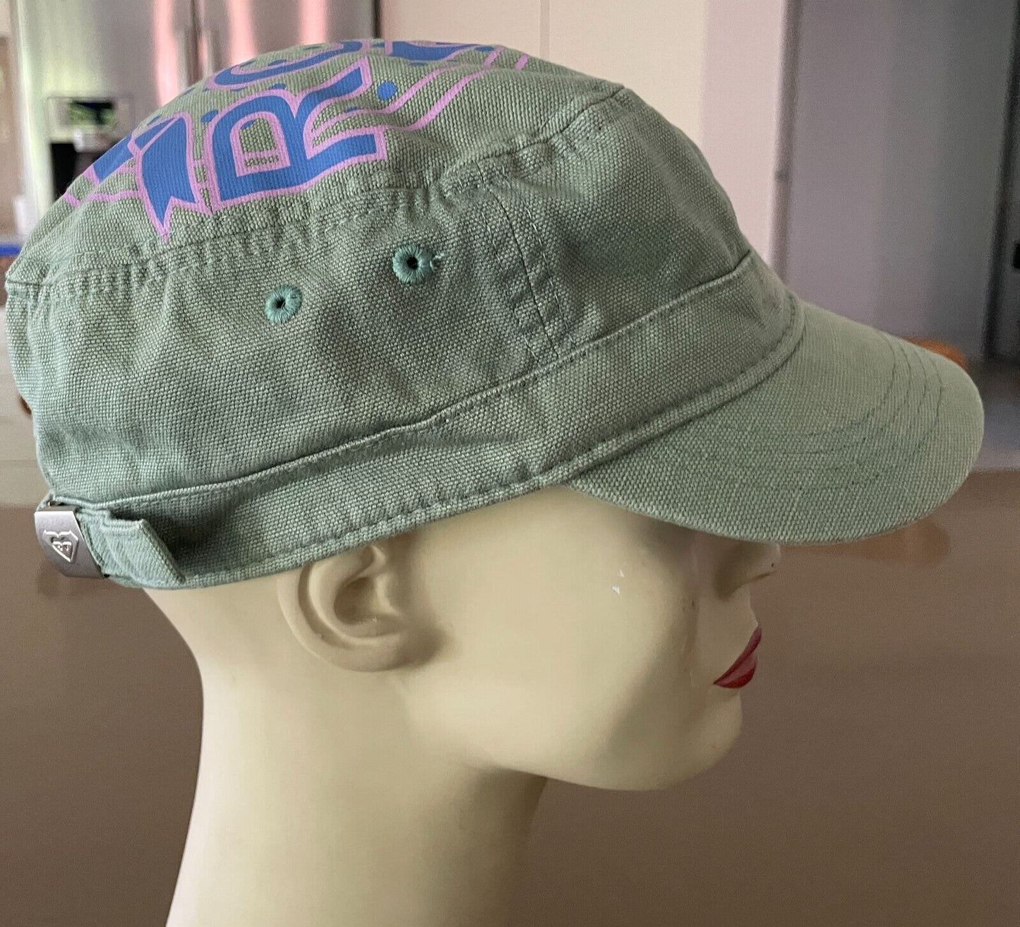 ROXY Khaki Castro Military Style Cap Pink &Blue Print One Size Fits Most Cotton