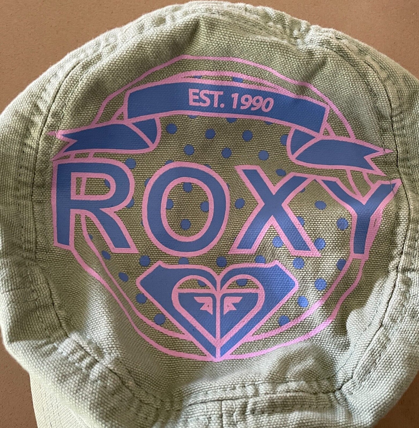 ROXY Khaki Castro Military Style Cap Pink &Blue Print One Size Fits Most Cotton