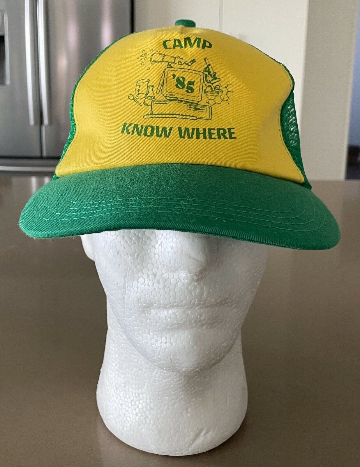 Unisex "Camp Know Where '85" Mesh Back Truckers Cap Hat Green Yellow Adjustable