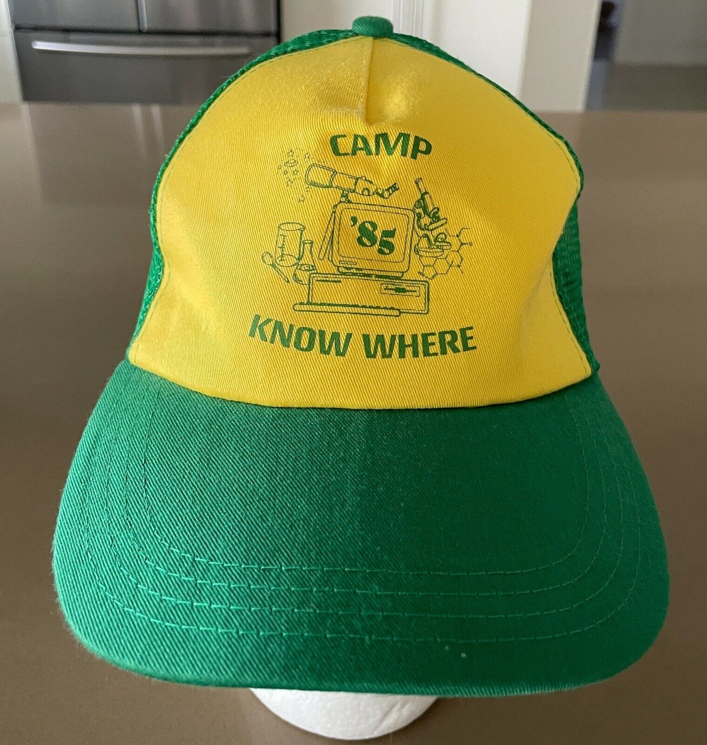 Unisex "Camp Know Where '85" Mesh Back Truckers Cap Hat Green Yellow Adjustable