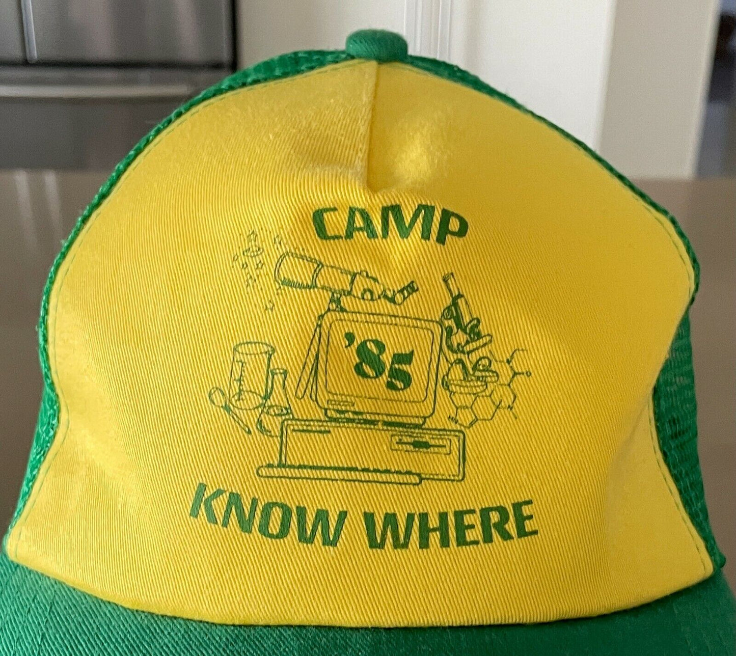 Unisex "Camp Know Where '85" Mesh Back Truckers Cap Hat Green Yellow Adjustable
