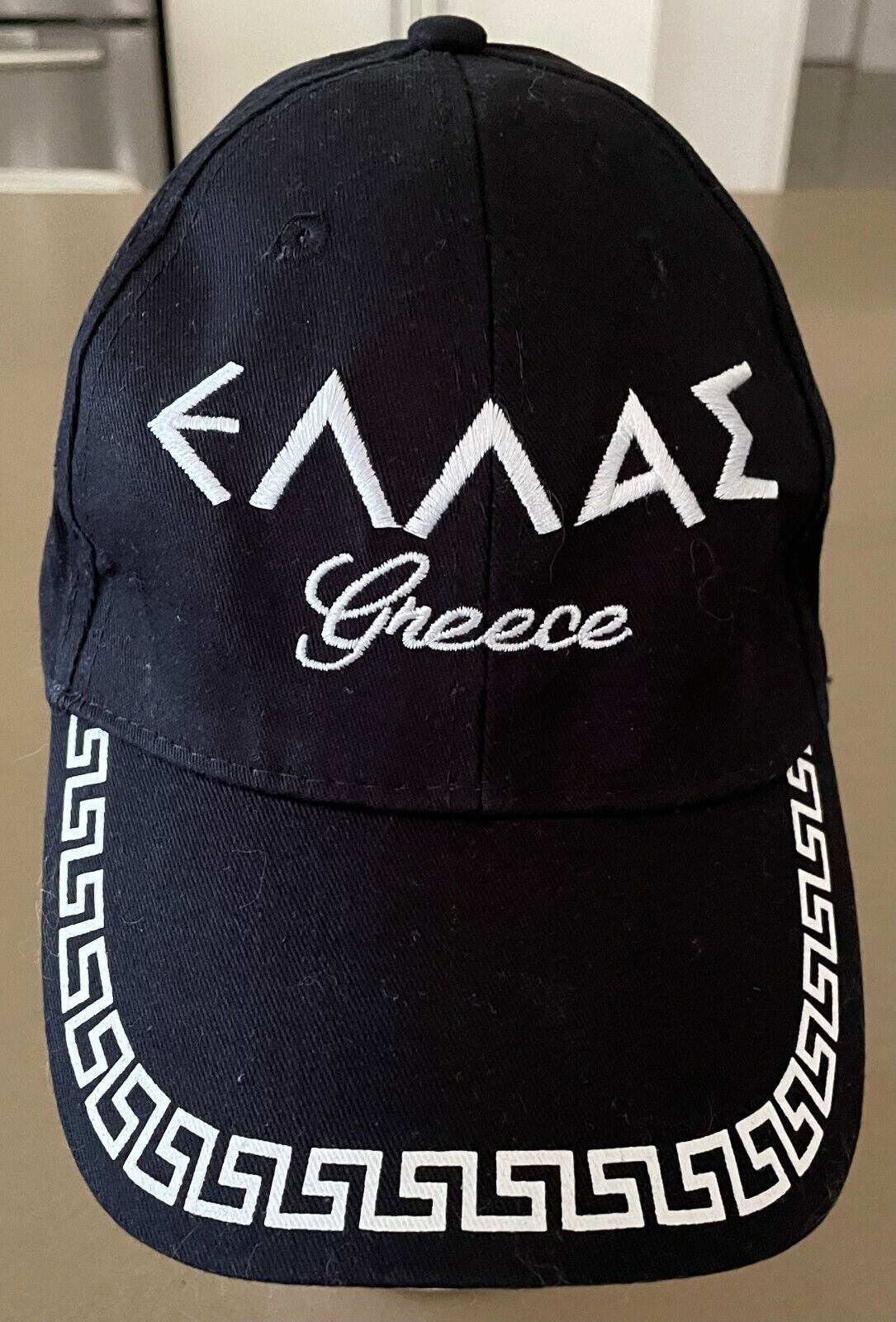 GREECE Baseball Cap Black White Souvenir Curved Bill Hat Hook Loop Flag 58cm NEW