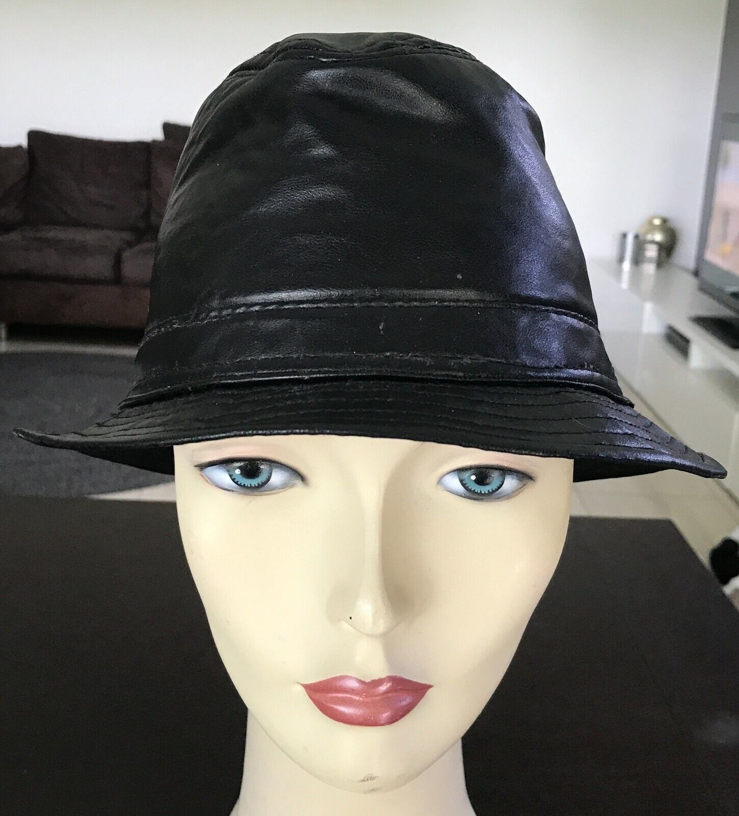 Unisex Bowler Hat Retro Pleather Black Cap Size 54cm Hipster
