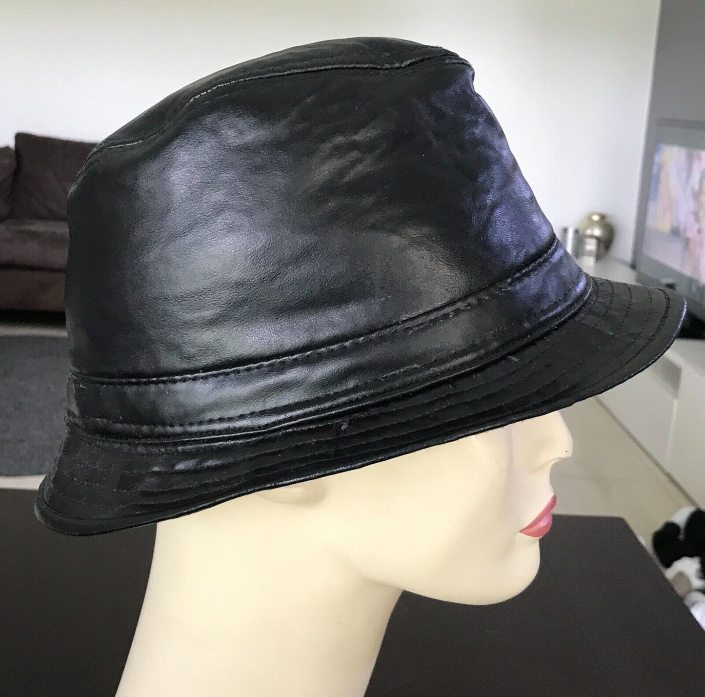 Unisex Bowler Hat Retro Pleather Black Cap Size 54cm Hipster