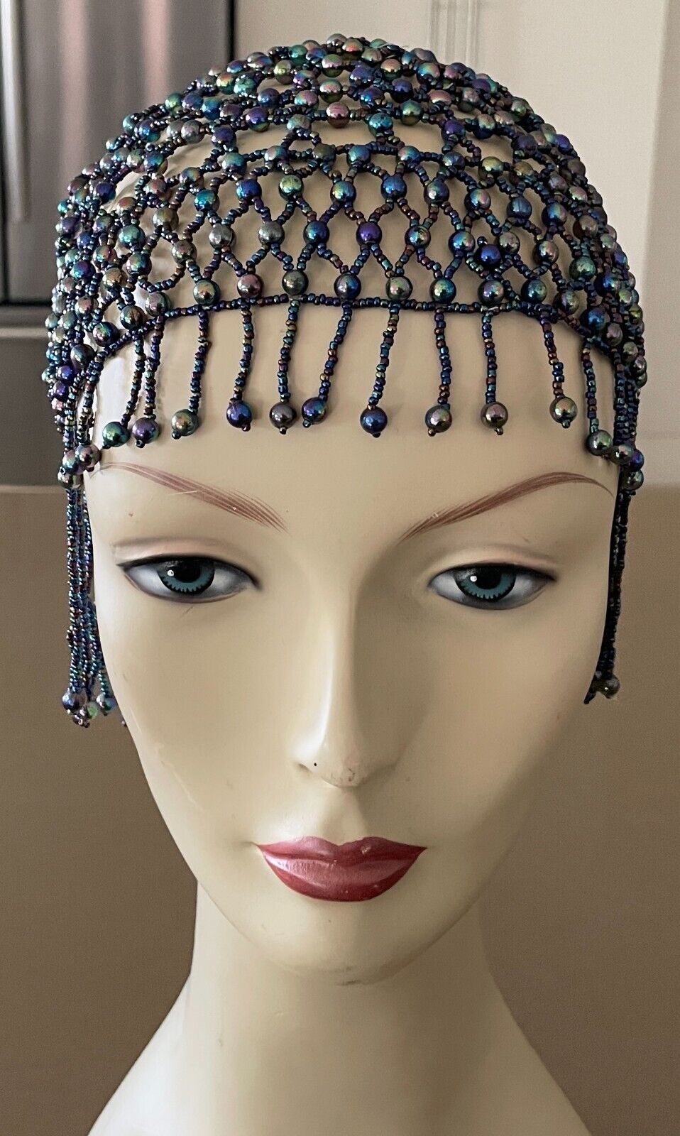 Art Deco FLAPPER Iridescent Glass Beaded Skull Cap Blue Green Purple Pink 1920's