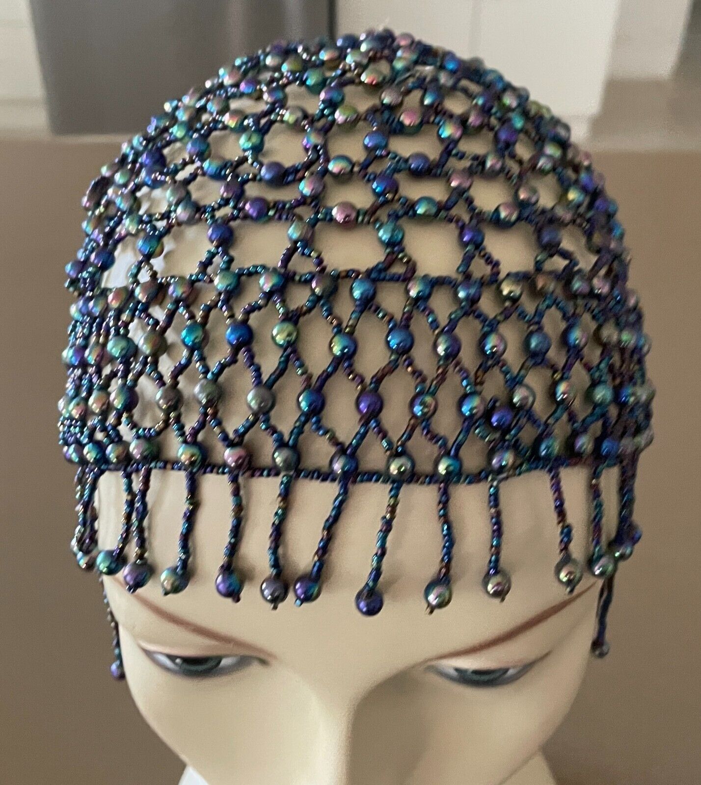Art Deco FLAPPER Iridescent Glass Beaded Skull Cap Blue Green Purple Pink 1920's