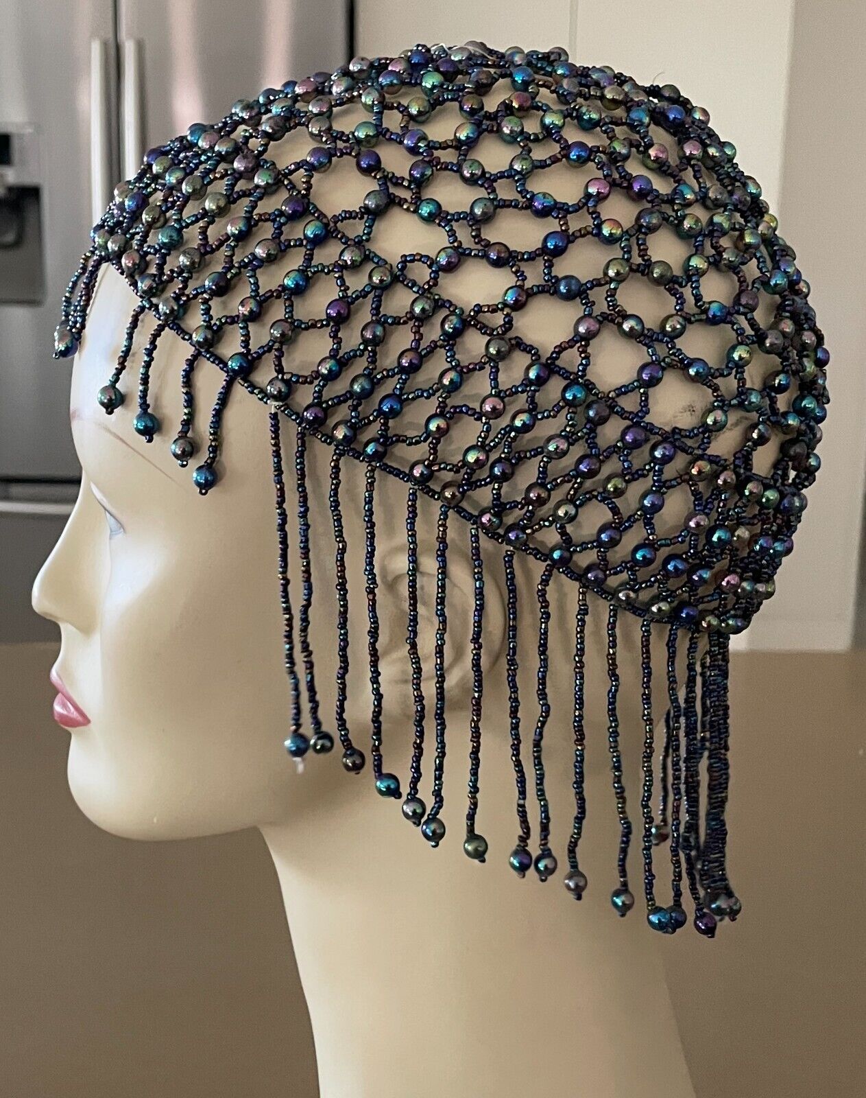 Art Deco FLAPPER Iridescent Glass Beaded Skull Cap Blue Green Purple Pink 1920's