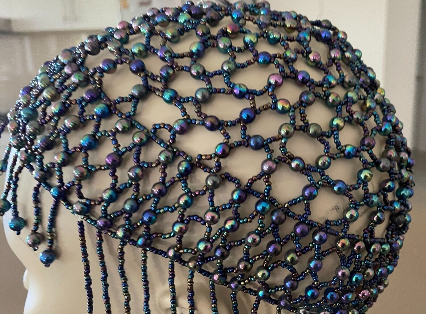 Art Deco FLAPPER Iridescent Glass Beaded Skull Cap Blue Green Purple Pink 1920's