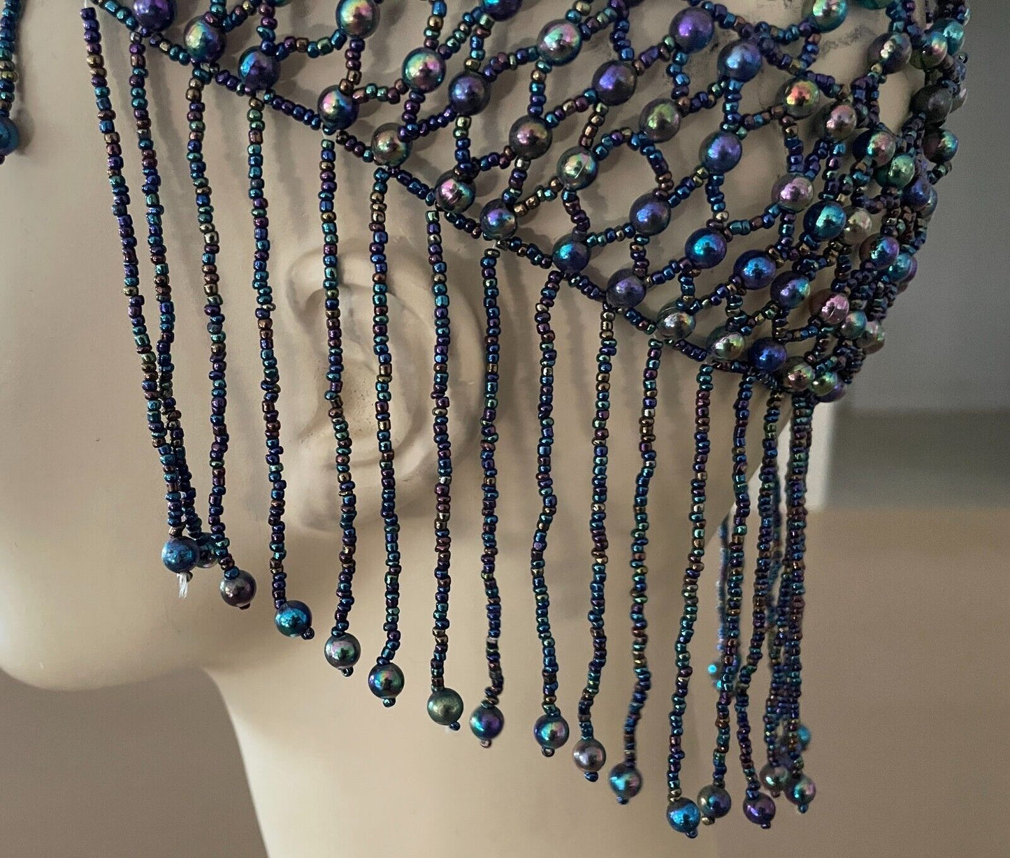 Art Deco FLAPPER Iridescent Glass Beaded Skull Cap Blue Green Purple Pink 1920's
