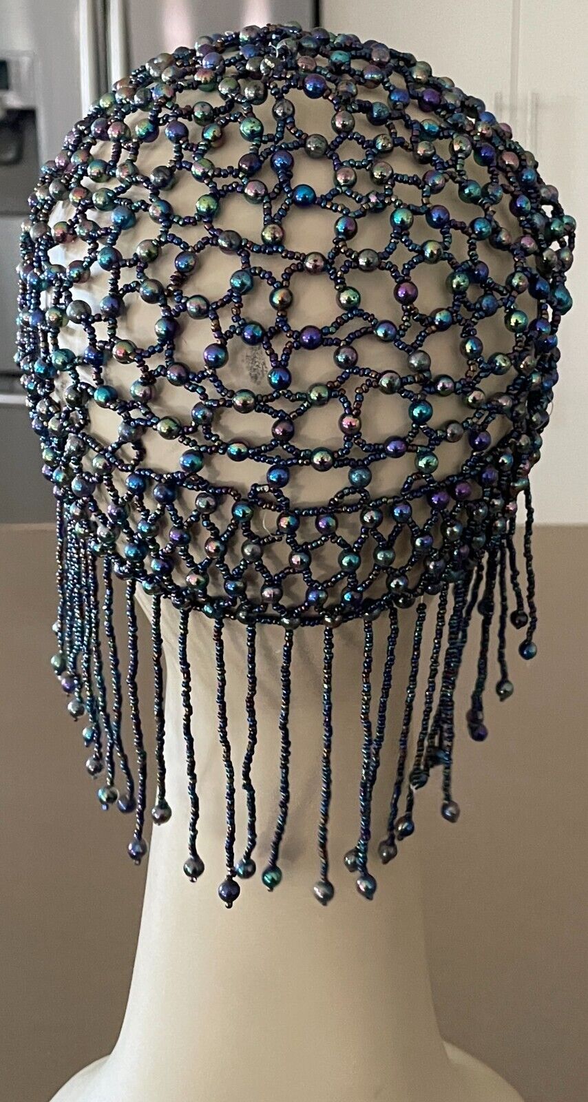Art Deco FLAPPER Iridescent Glass Beaded Skull Cap Blue Green Purple Pink 1920's