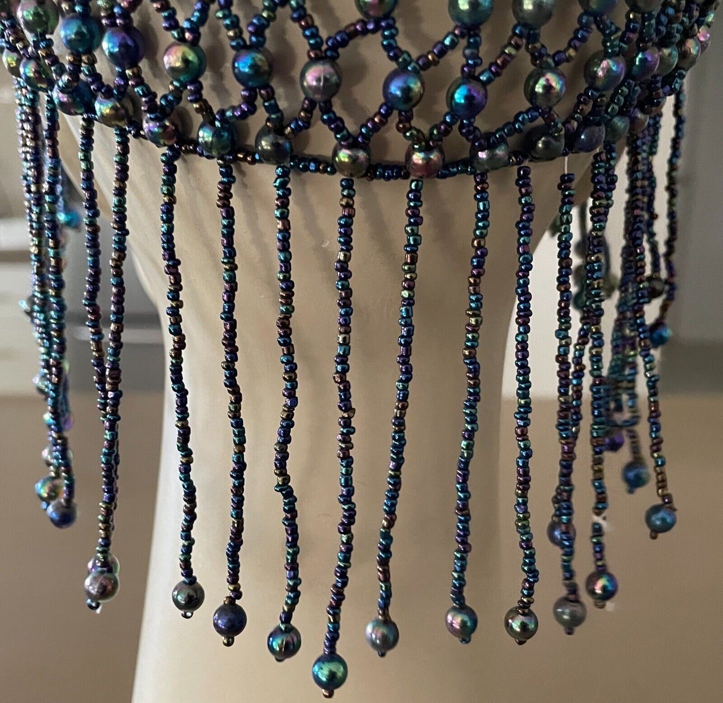 Art Deco FLAPPER Iridescent Glass Beaded Skull Cap Blue Green Purple Pink 1920's