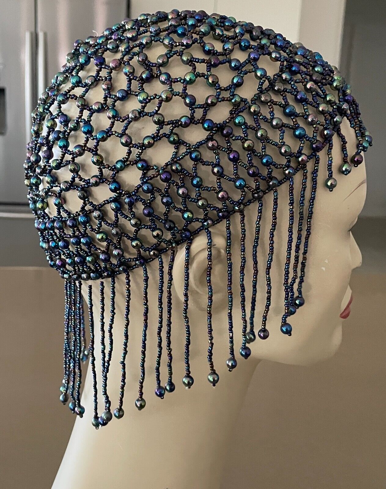 Art Deco FLAPPER Iridescent Glass Beaded Skull Cap Blue Green Purple Pink 1920's