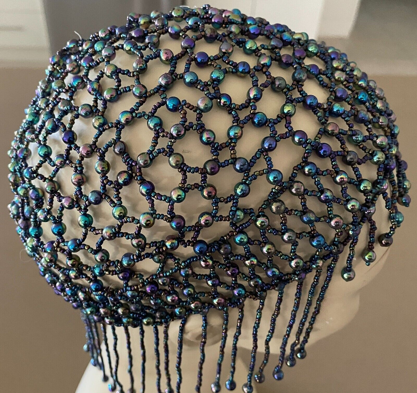 Art Deco FLAPPER Iridescent Glass Beaded Skull Cap Blue Green Purple Pink 1920's