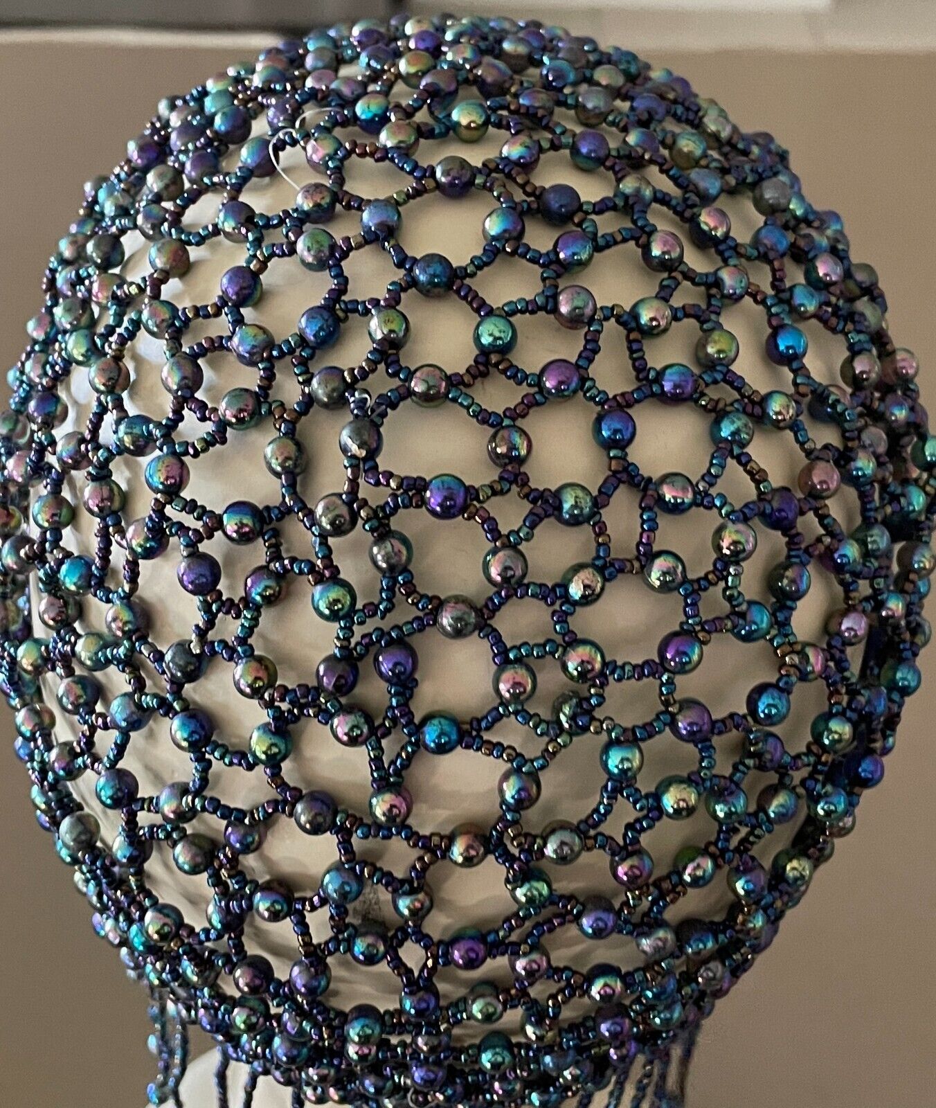 Art Deco FLAPPER Iridescent Glass Beaded Skull Cap Blue Green Purple Pink 1920's