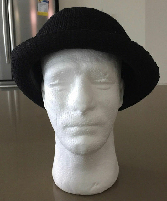 BOWLER HAT 56cm Black Textured Knit Cap Rolled Edge Retro Look Hipster Unisex