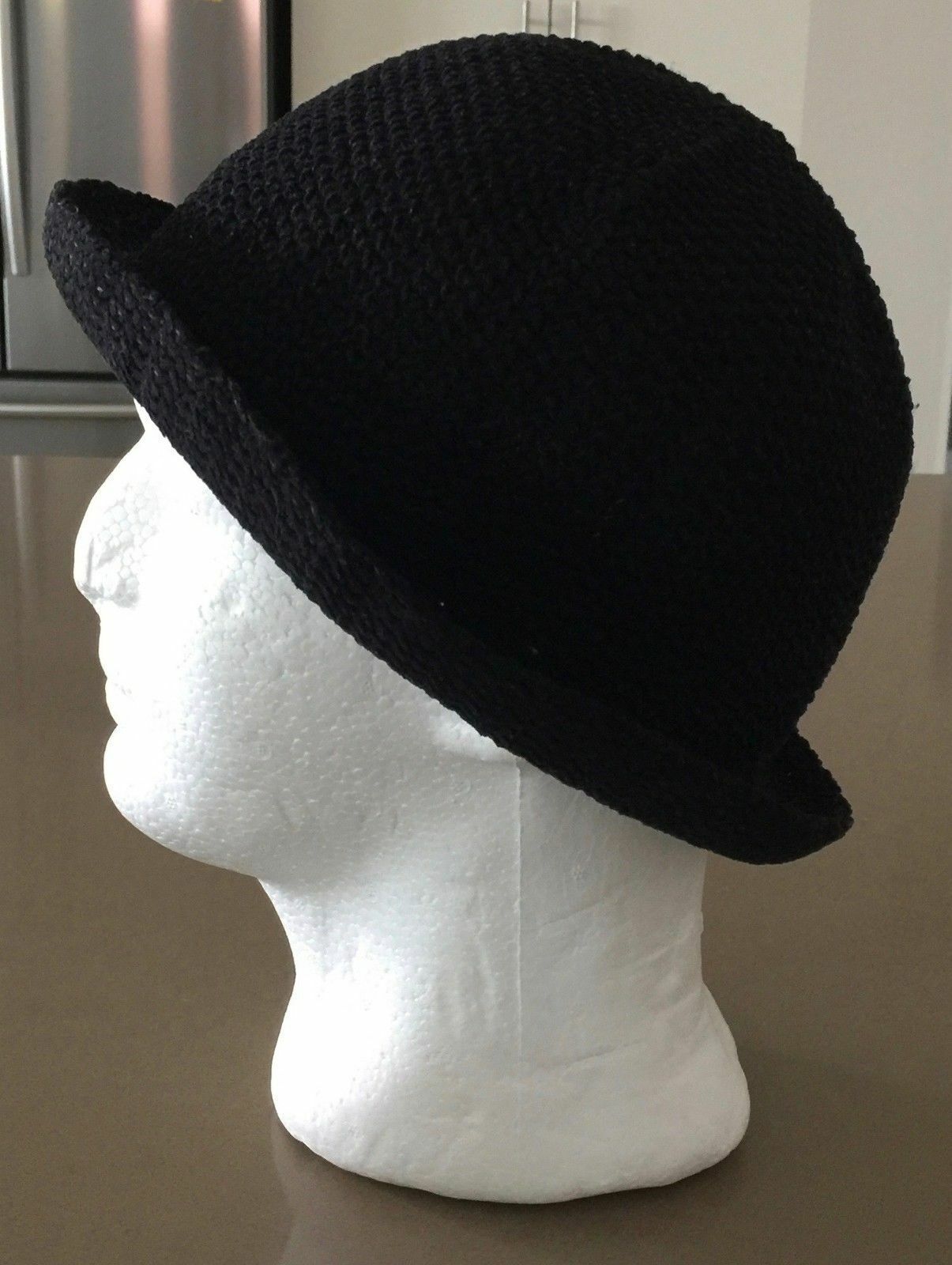 BOWLER HAT 56cm Black Textured Knit Cap Rolled Edge Retro Look Hipster Unisex