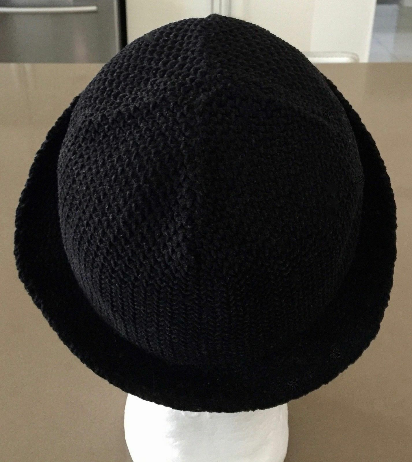 BOWLER HAT 56cm Black Textured Knit Cap Rolled Edge Retro Look Hipster Unisex