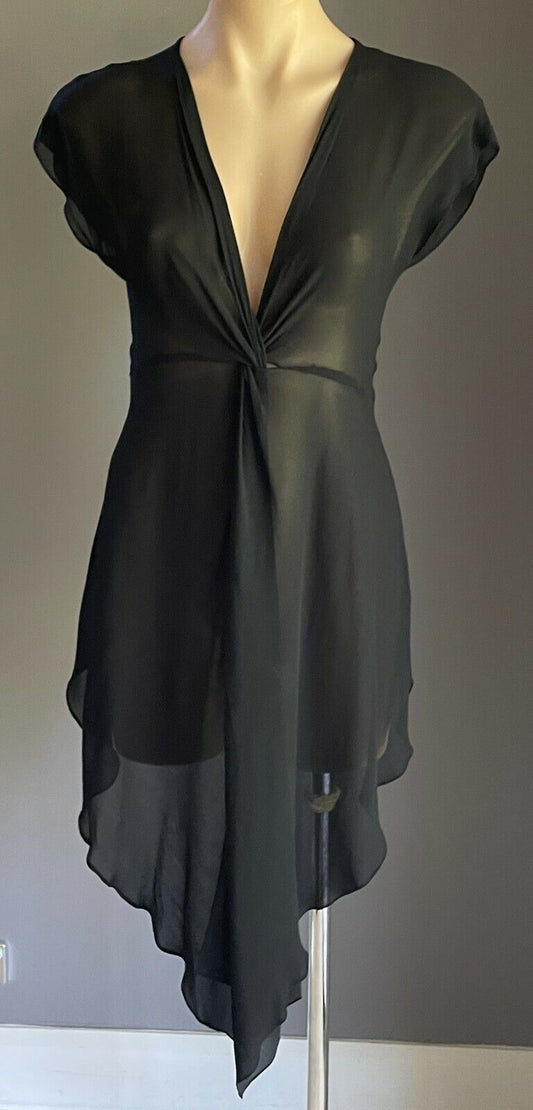 GEORGE Blouse Black Semi Sheer Cap Sleeve Twist Front Long Top Size 10