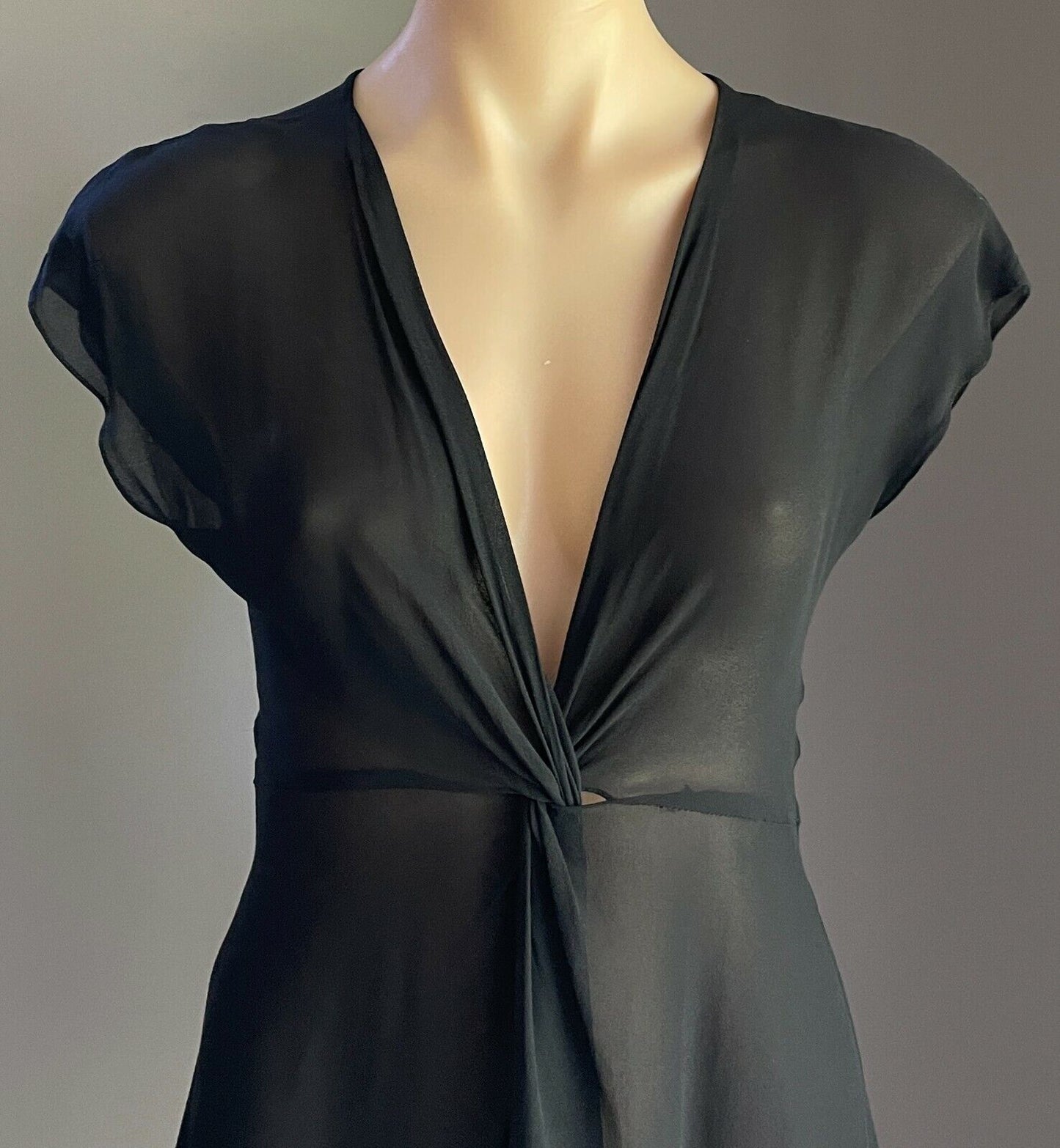 GEORGE Blouse Black Semi Sheer Cap Sleeve Twist Front Long Top Size 10