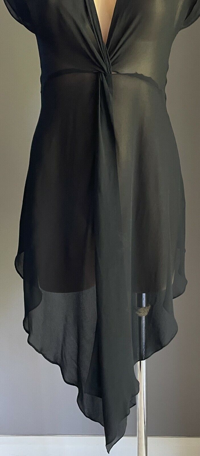 GEORGE Blouse Black Semi Sheer Cap Sleeve Twist Front Long Top Size 10