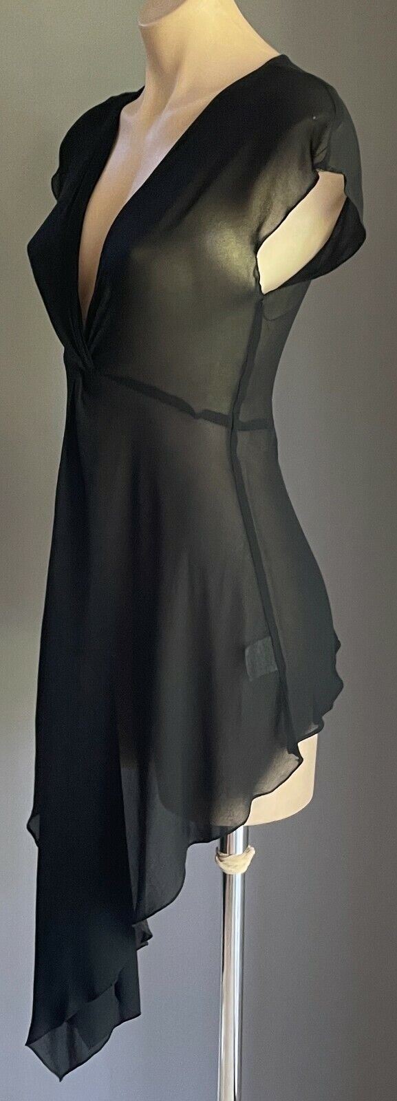 GEORGE Blouse Black Semi Sheer Cap Sleeve Twist Front Long Top Size 10