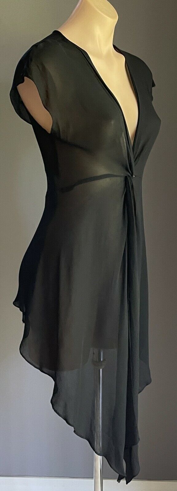 GEORGE Blouse Black Semi Sheer Cap Sleeve Twist Front Long Top Size 10
