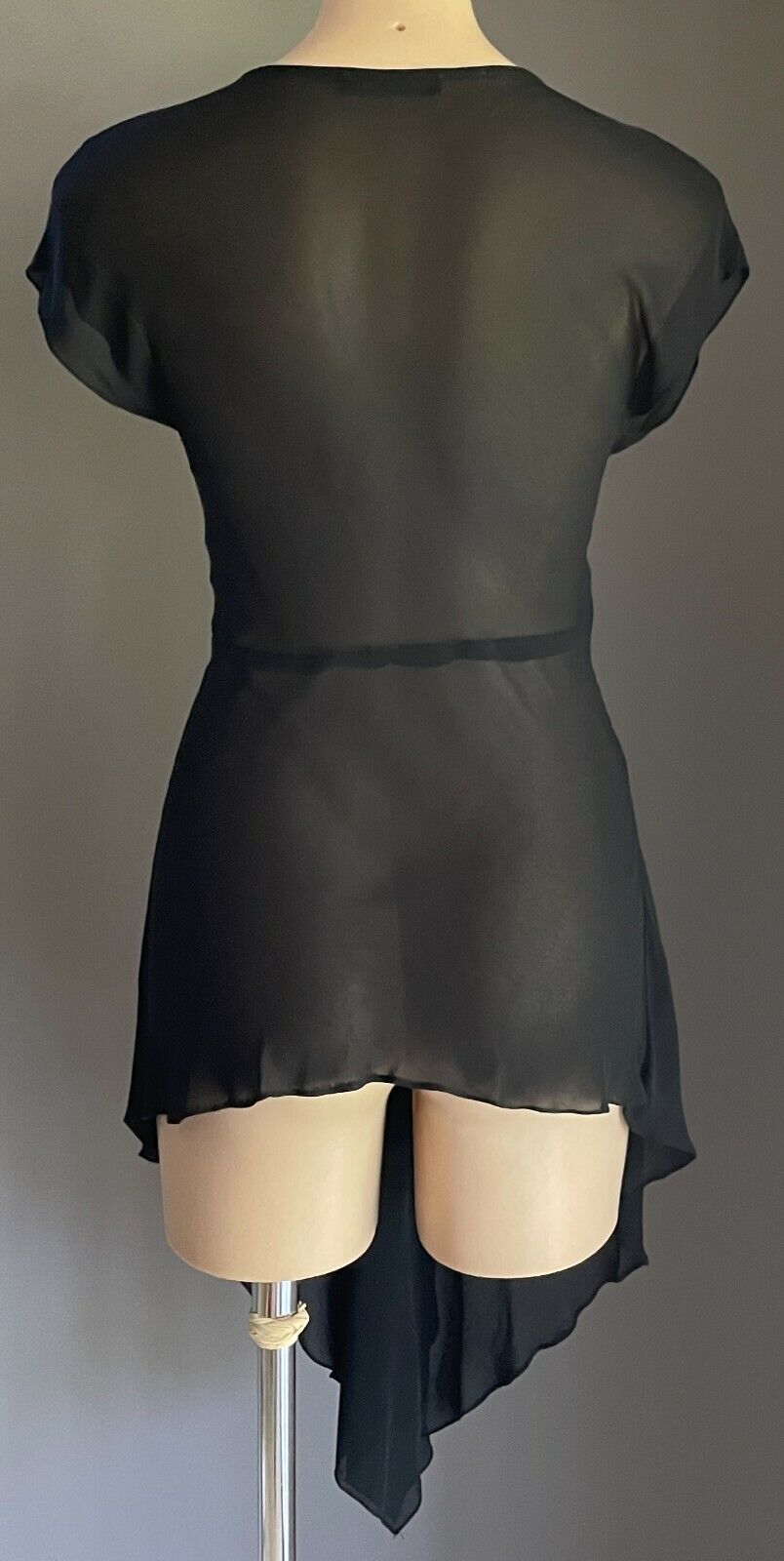 GEORGE Blouse Black Semi Sheer Cap Sleeve Twist Front Long Top Size 10