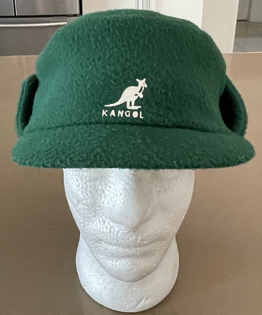 KANGOL Hat Green Shower Proof Cap Ear Flaps Sz 52cm Reversible Black Vintage NEW