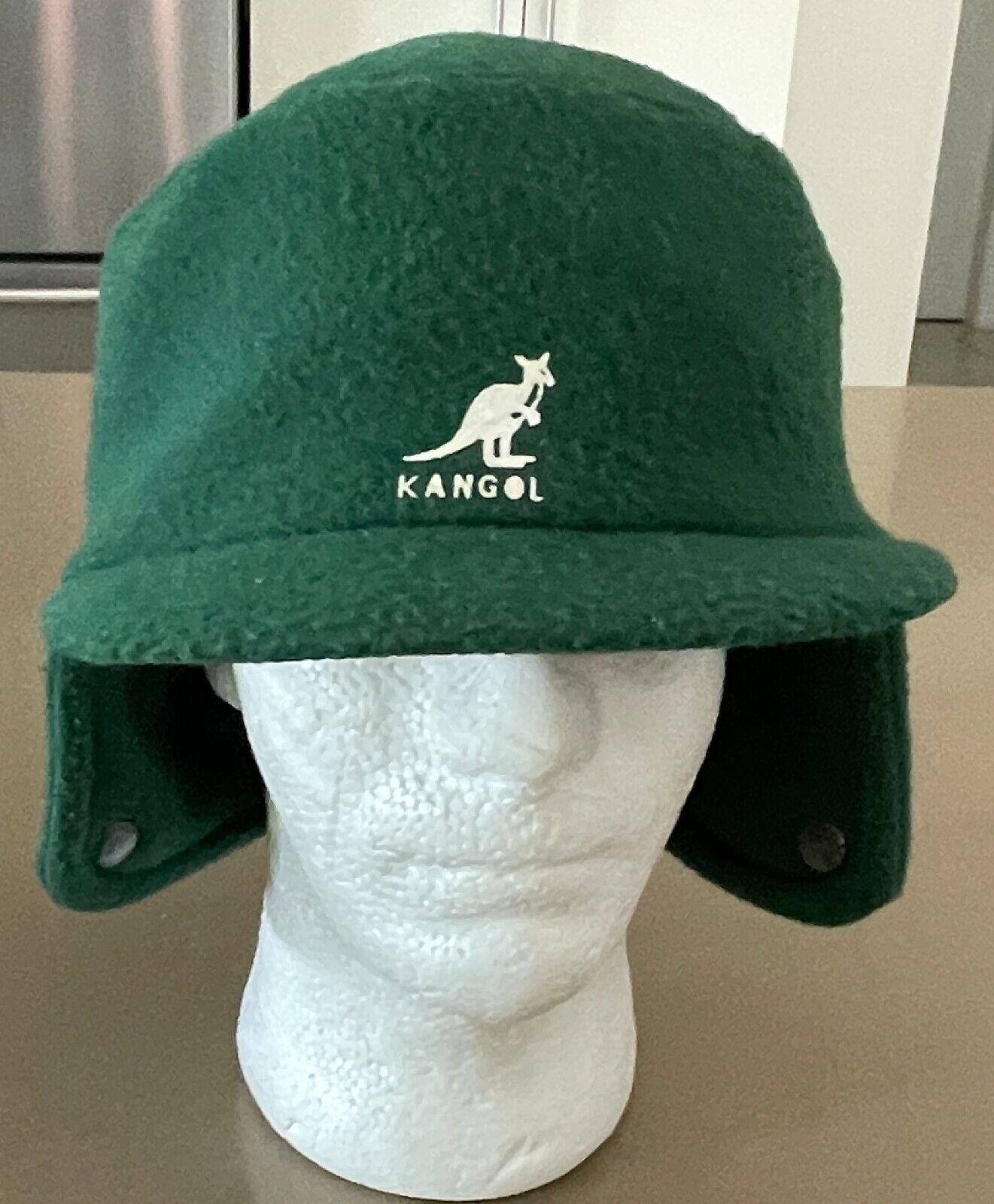 KANGOL Hat Green Shower Proof Cap Ear Flaps Sz 52cm Reversible Black Vintage NEW