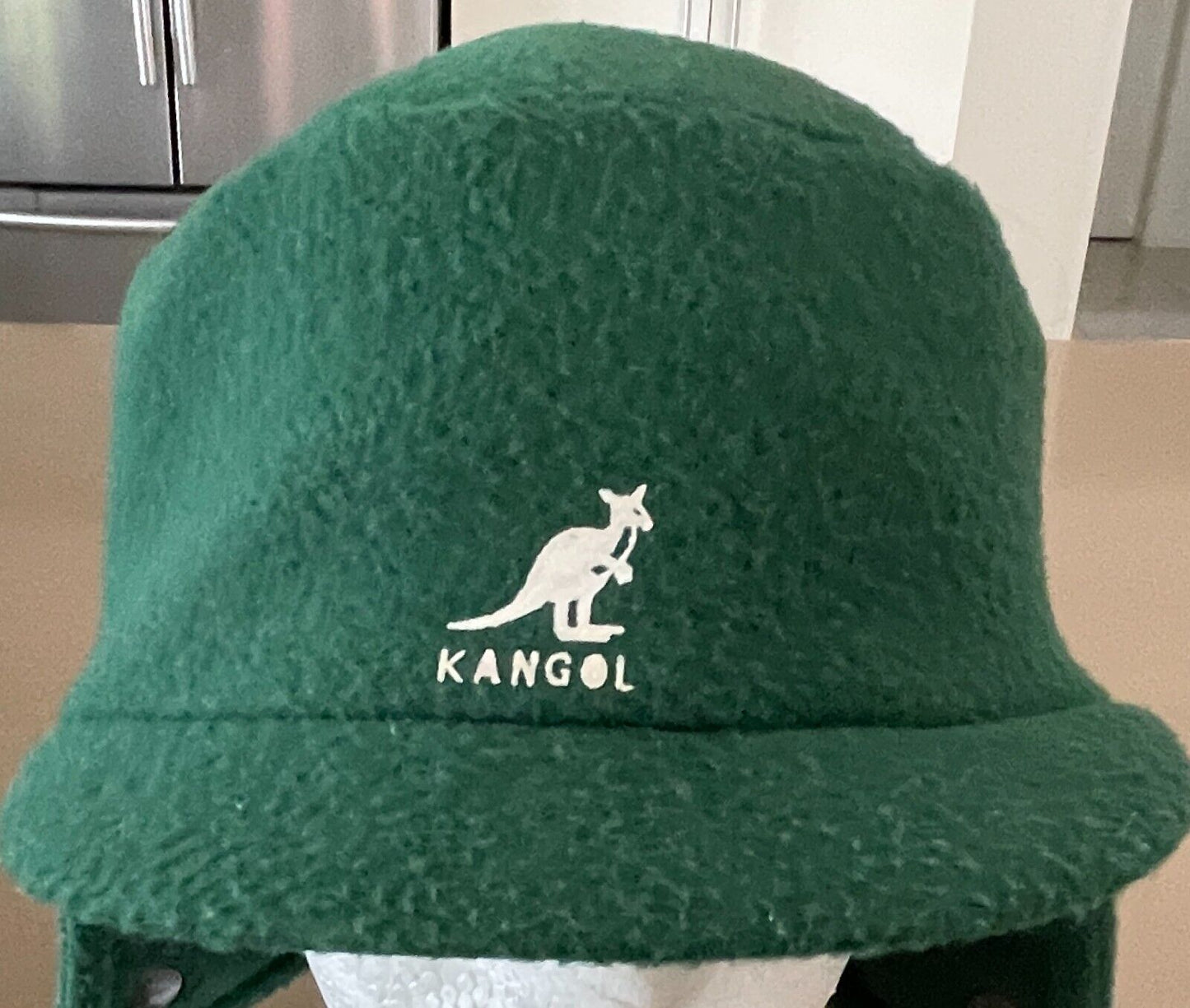 KANGOL Hat Green Shower Proof Cap Ear Flaps Sz 52cm Reversible Black Vintage NEW