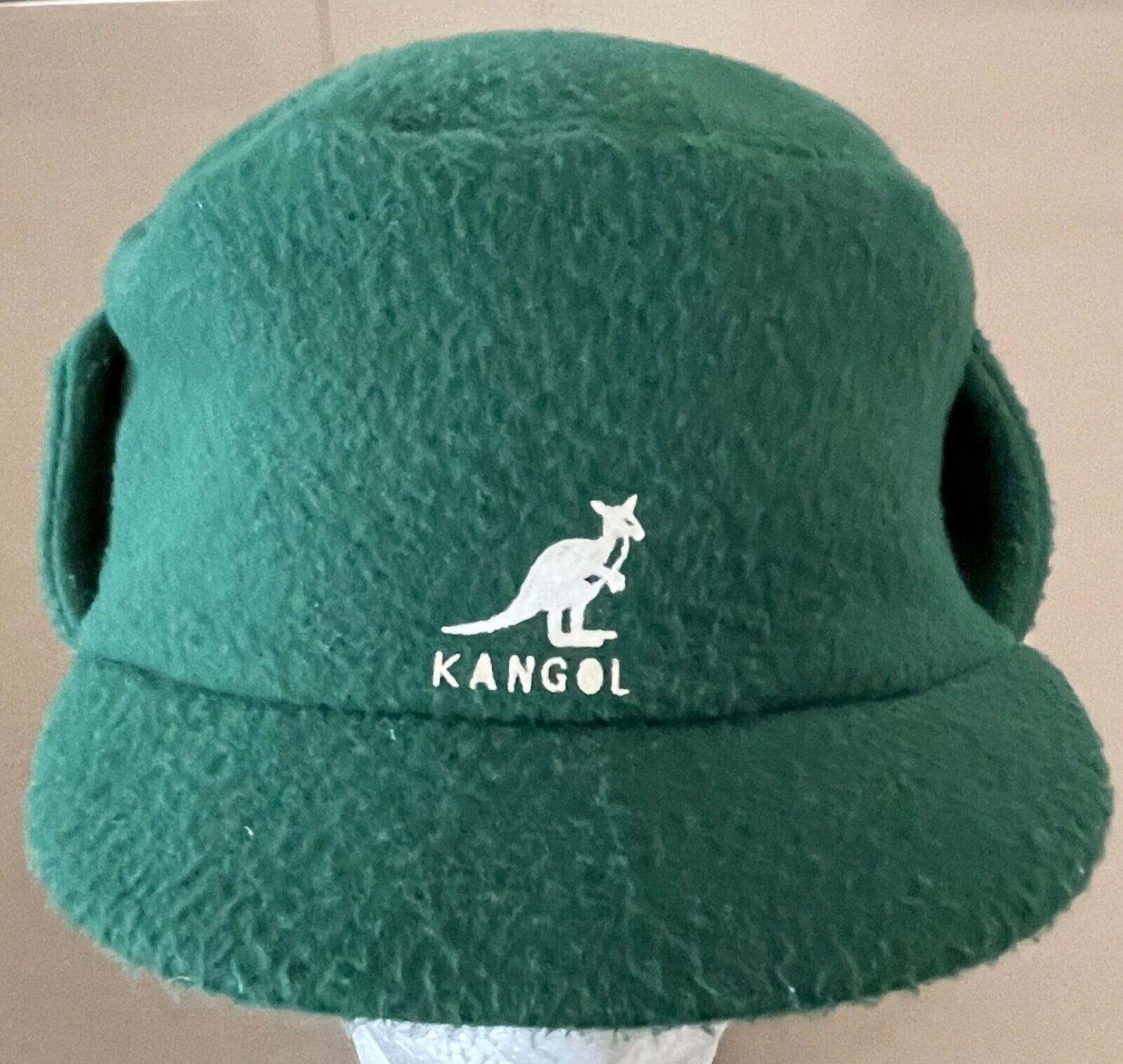 KANGOL Hat Green Shower Proof Cap Ear Flaps Sz 52cm Reversible Black Vintage NEW