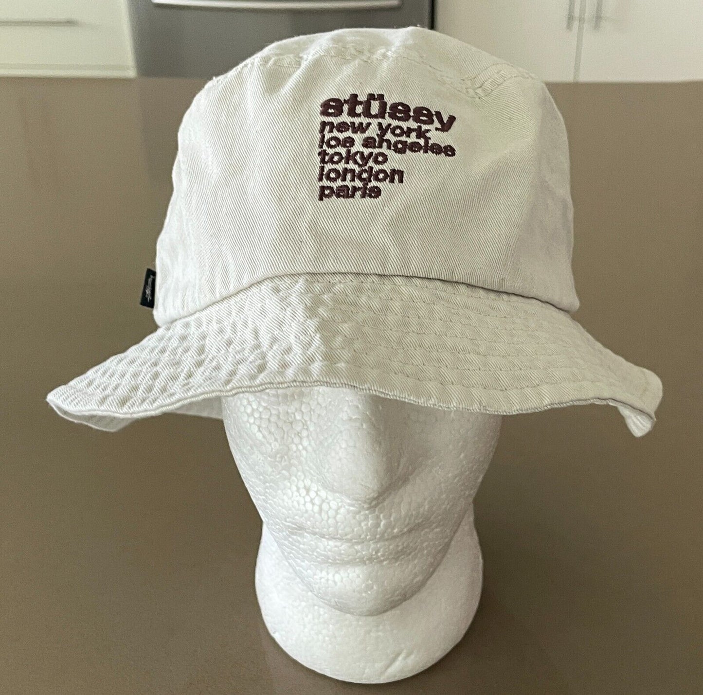 STUSSY Bucket Hat Beige Embroidered "Cities" Unisex Adult One Size Cap