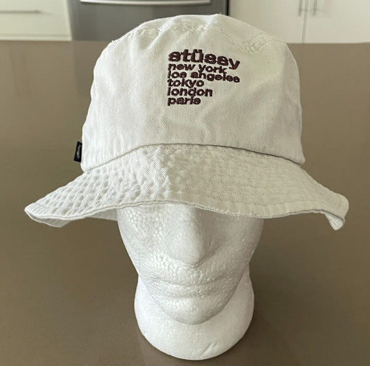 STUSSY Bucket Hat Beige Embroidered "Cities" Unisex Adult One Size Cap