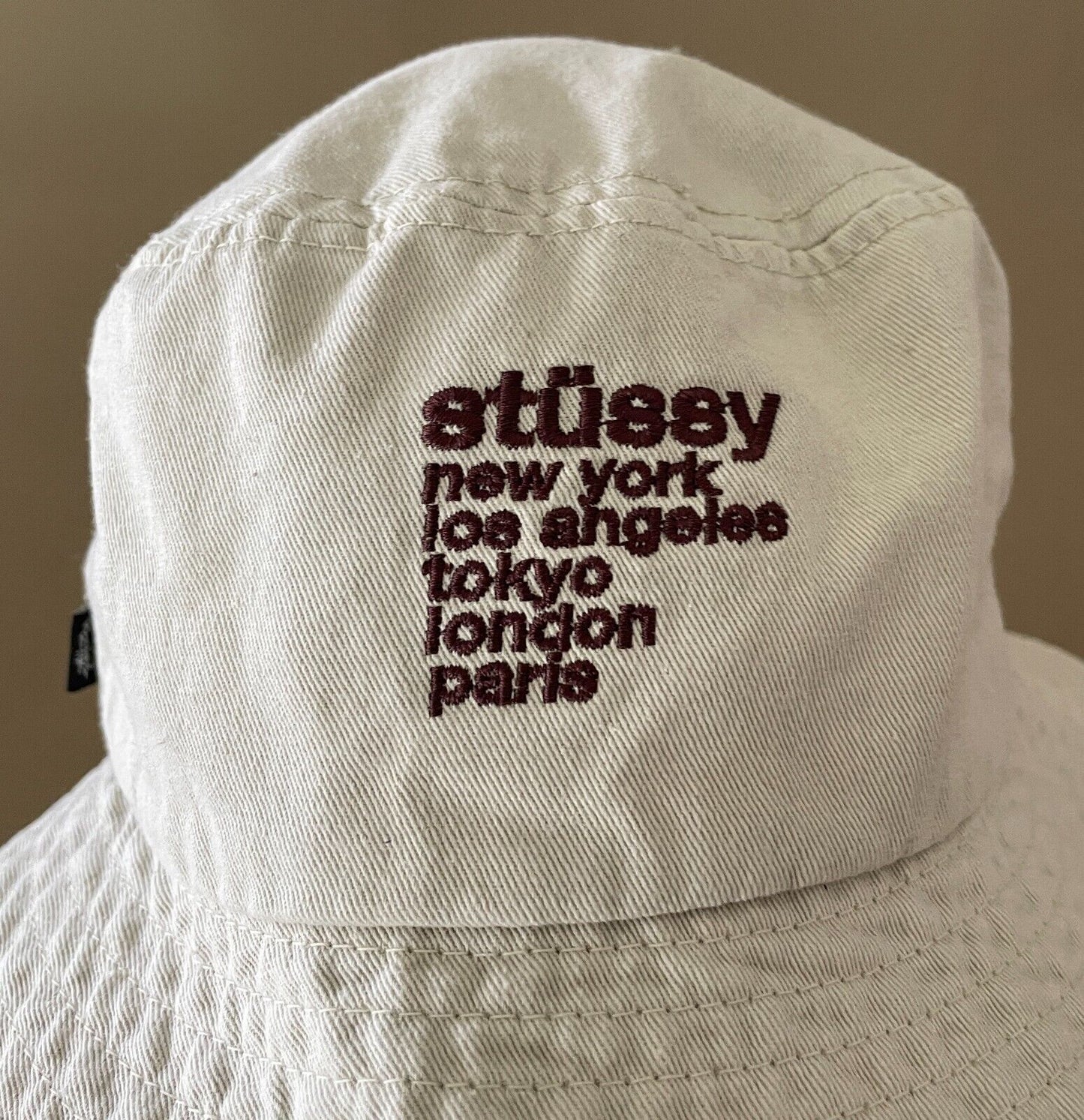 STUSSY Bucket Hat Beige Embroidered "Cities" Unisex Adult One Size Cap