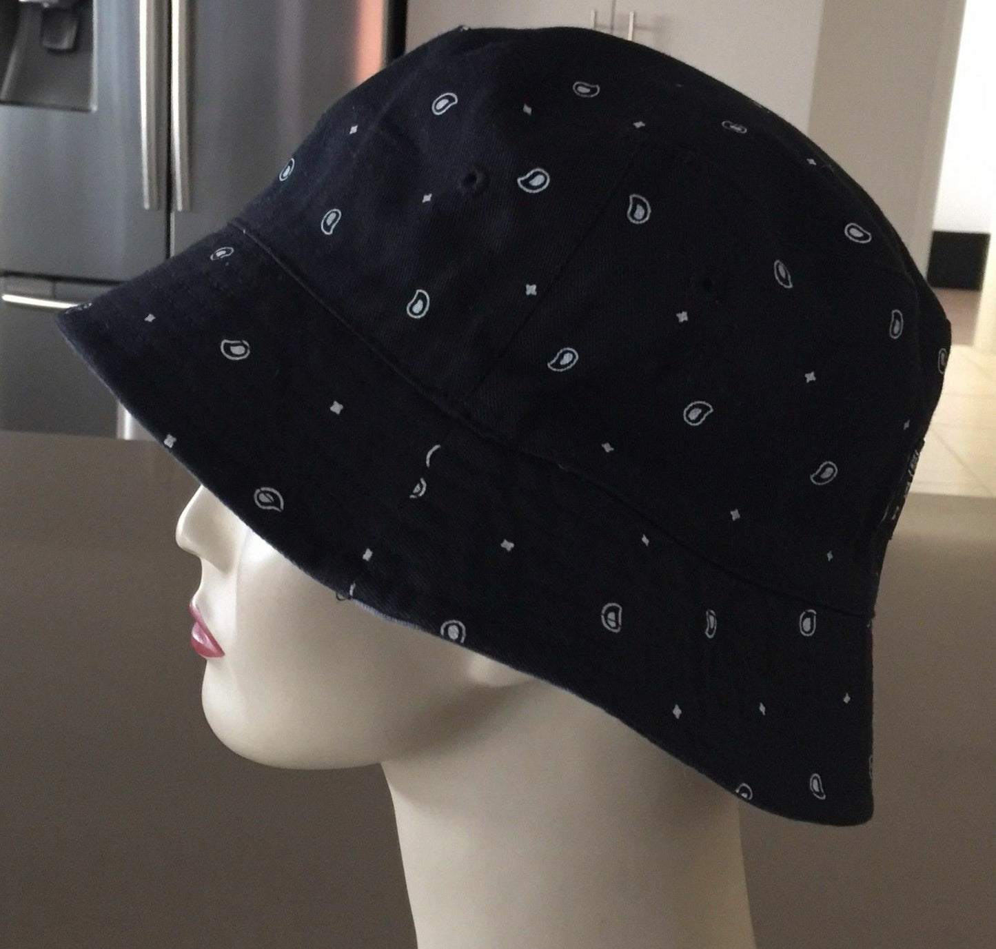 Mens FCT HAT Bucket Hat Reversible Black Grey White Marble & Paisley Print 58cm