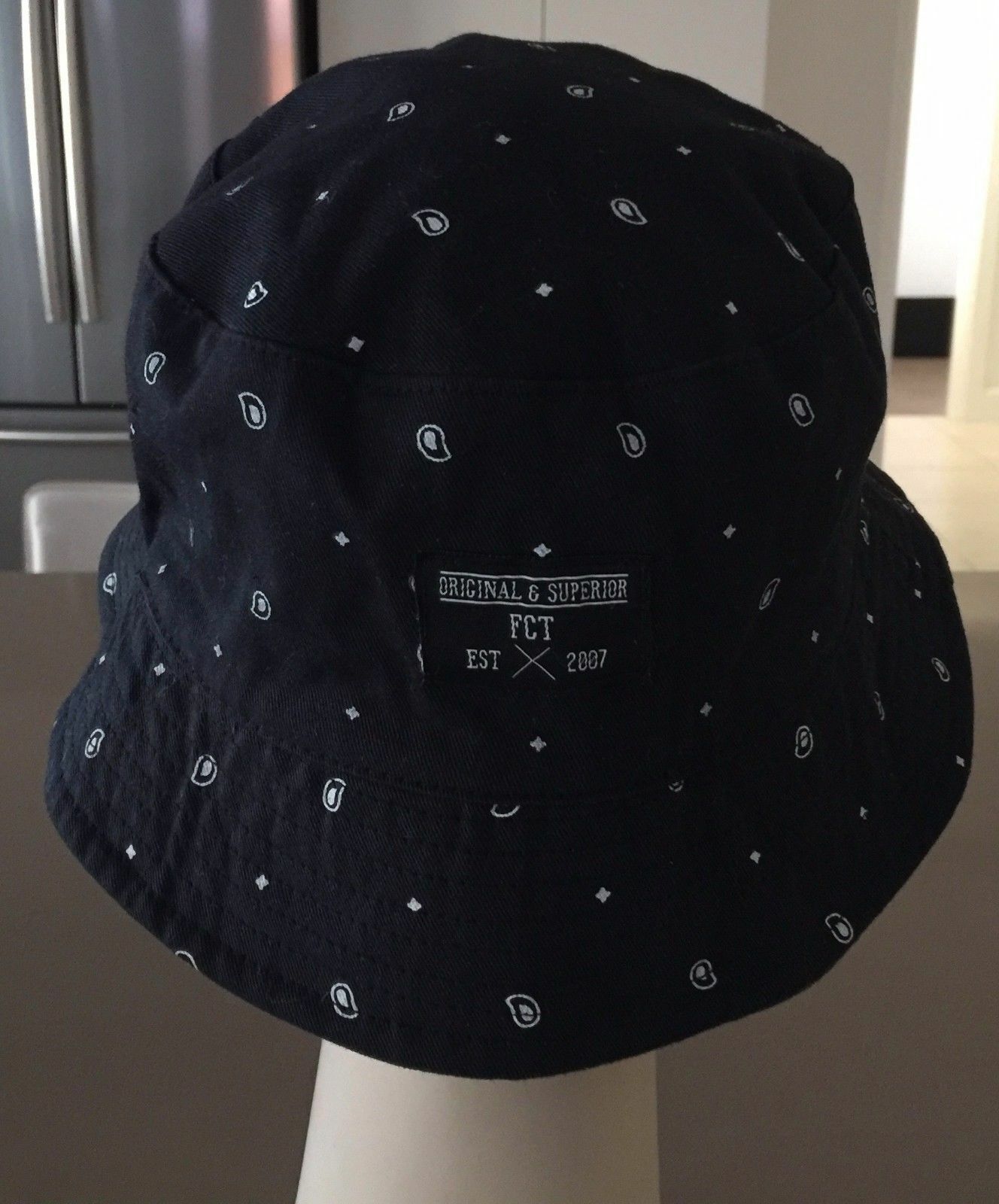 Mens FCT HAT Bucket Hat Reversible Black Grey White Marble & Paisley Print 58cm