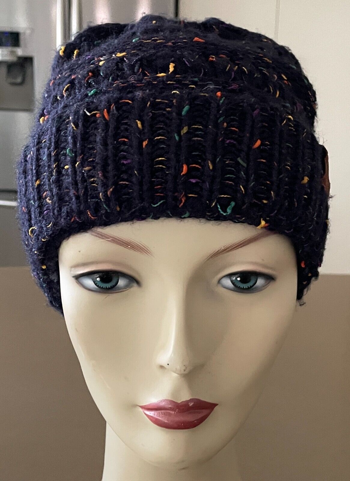 CC Beanie Navy & Multicolour Chunky Knit Winter Ladies  w Ponytail Hole Hat Cap