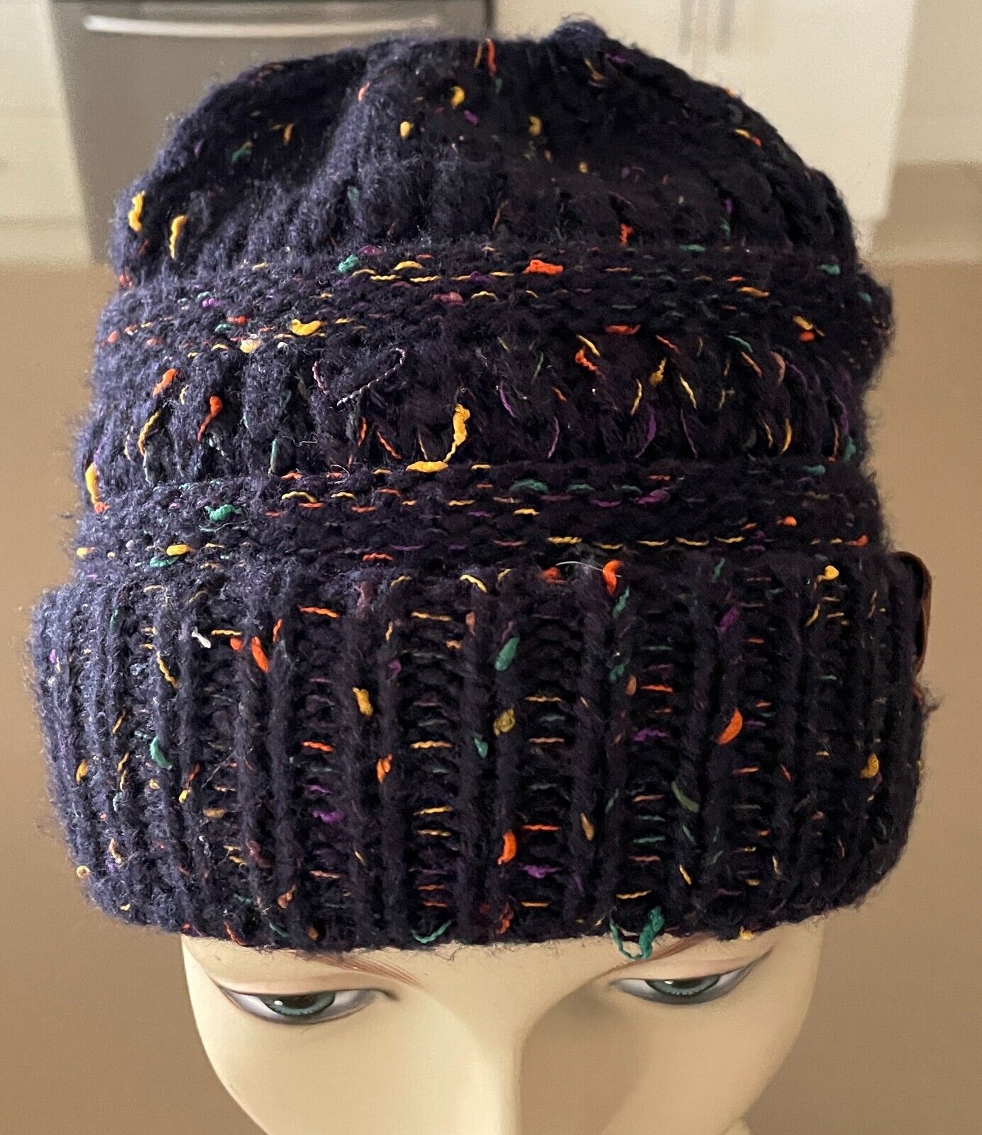 CC Beanie Navy & Multicolour Chunky Knit Winter Ladies  w Ponytail Hole Hat Cap