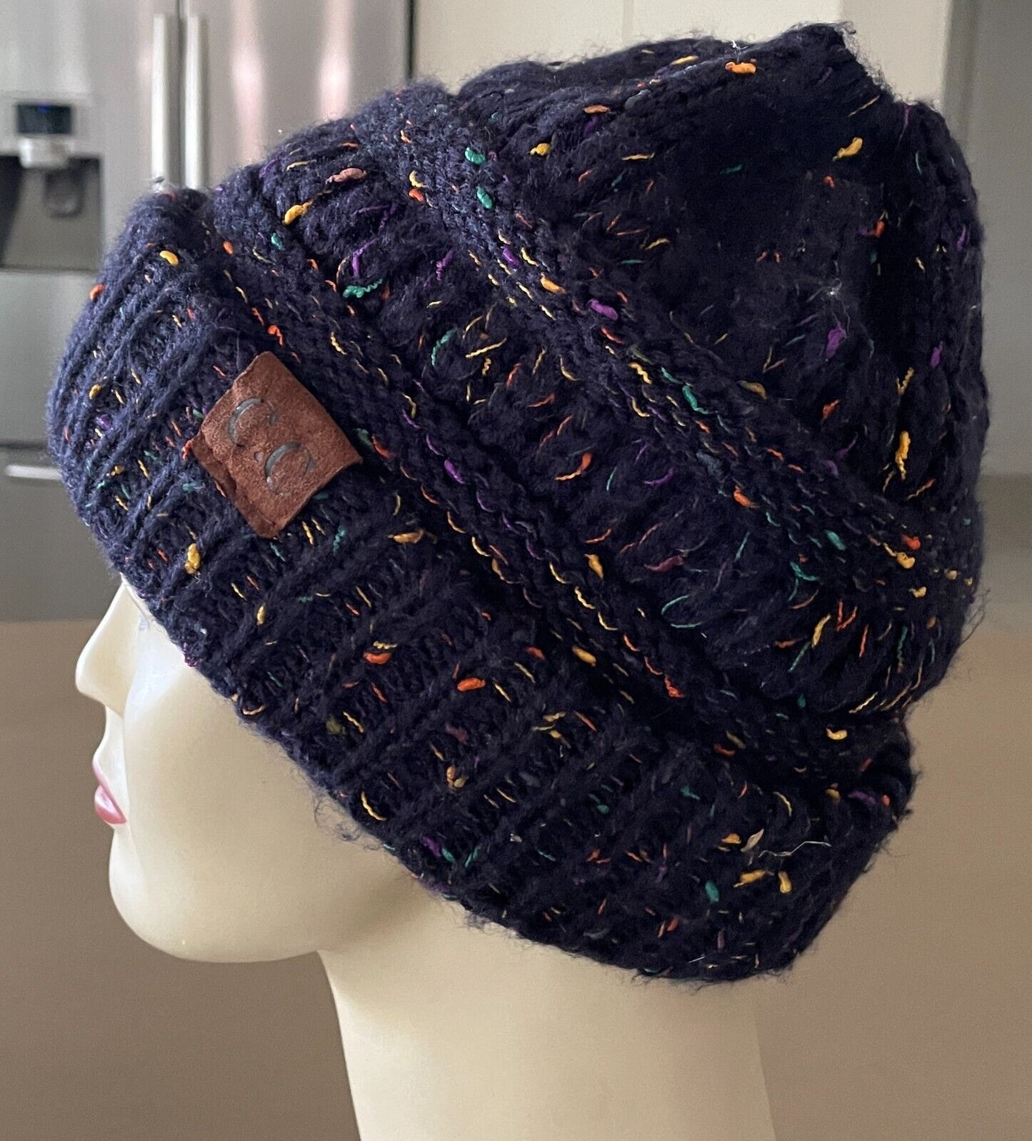 CC Beanie Navy & Multicolour Chunky Knit Winter Ladies  w Ponytail Hole Hat Cap