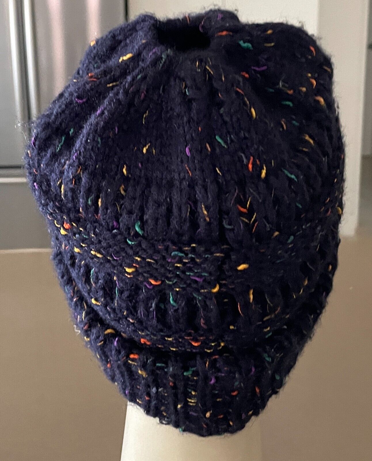 CC Beanie Navy & Multicolour Chunky Knit Winter Ladies  w Ponytail Hole Hat Cap