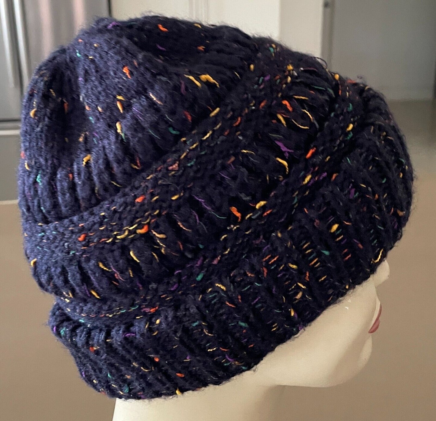 CC Beanie Navy & Multicolour Chunky Knit Winter Ladies  w Ponytail Hole Hat Cap