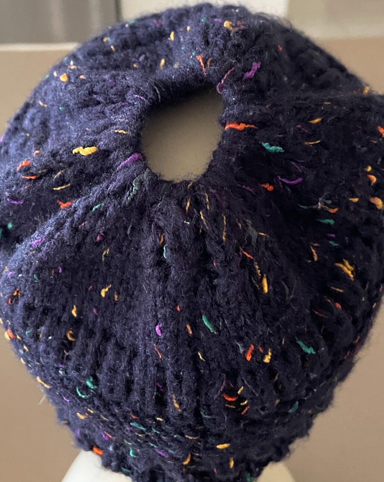 CC Beanie Navy & Multicolour Chunky Knit Winter Ladies  w Ponytail Hole Hat Cap