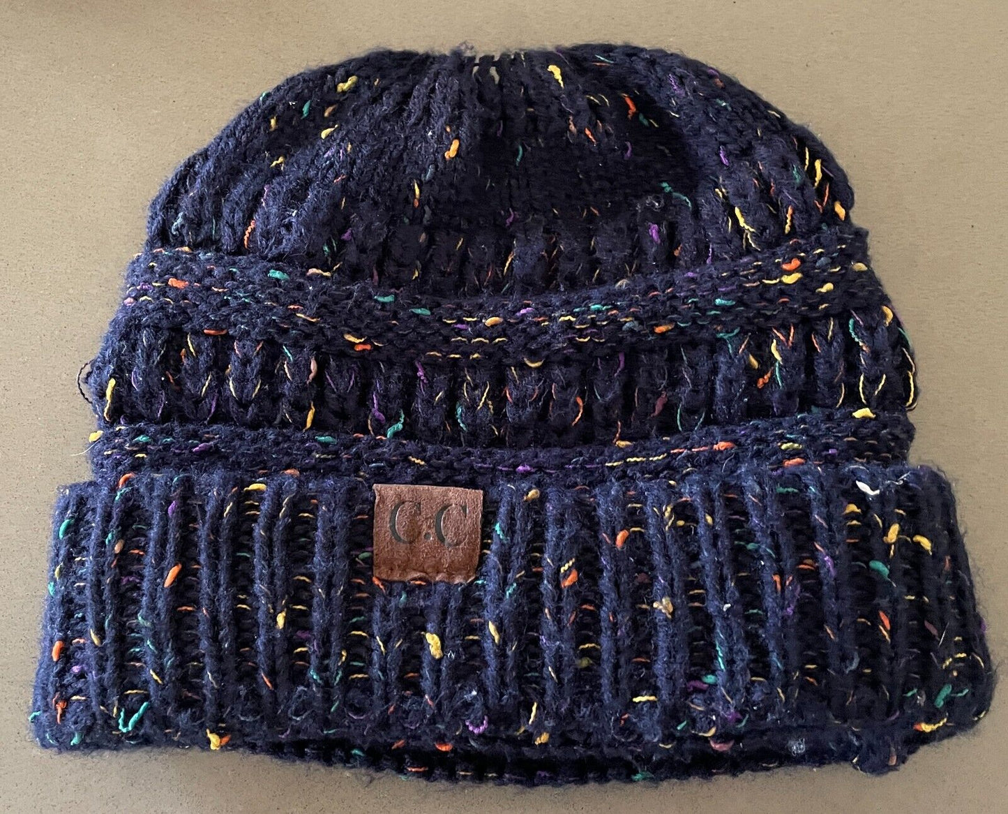 CC Beanie Navy & Multicolour Chunky Knit Winter Ladies  w Ponytail Hole Hat Cap