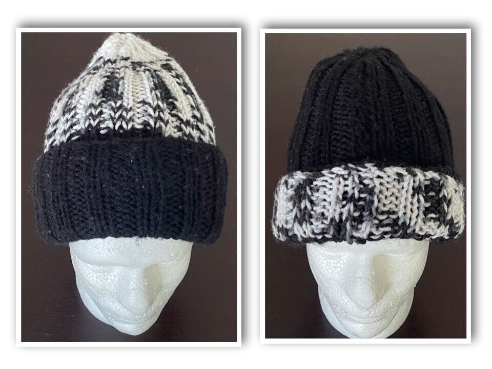 Beanie Chunky Knit White Grey Black Reversible Warm and Cosy One Size Hat Cap