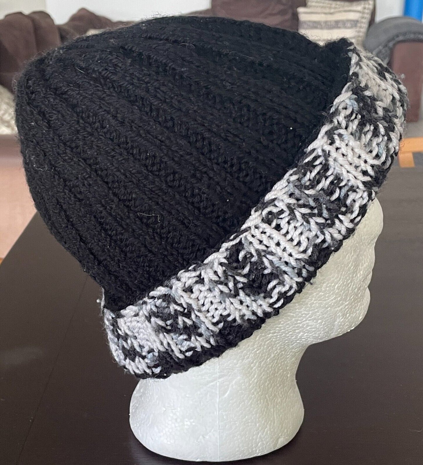 Beanie Chunky Knit White Grey Black Reversible Warm and Cosy One Size Hat Cap
