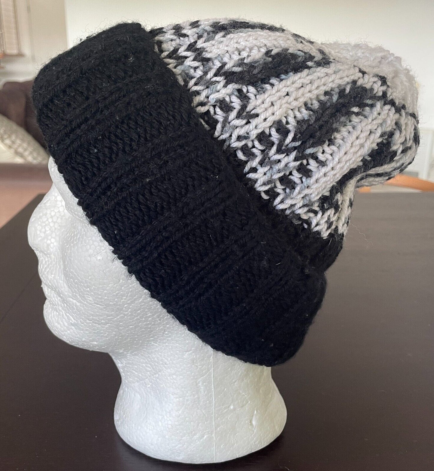 Beanie Chunky Knit White Grey Black Reversible Warm and Cosy One Size Hat Cap