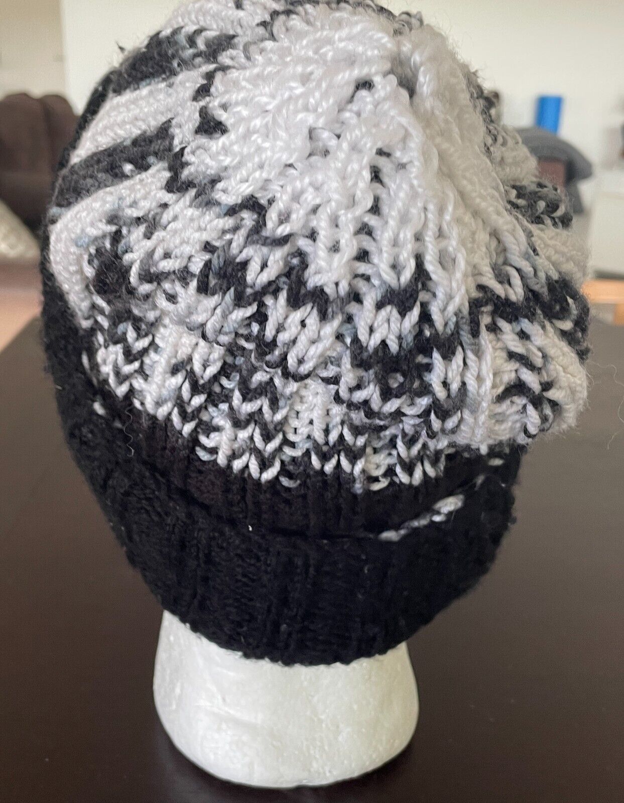 Beanie Chunky Knit White Grey Black Reversible Warm and Cosy One Size Hat Cap