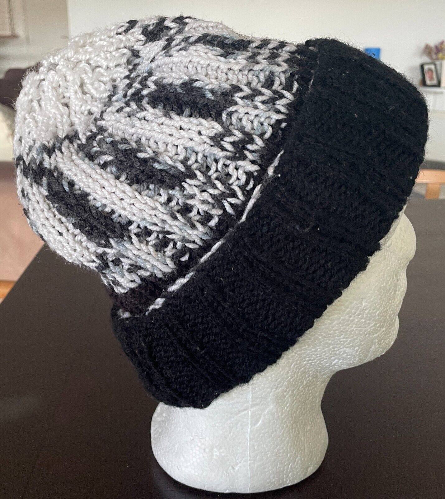 Beanie Chunky Knit White Grey Black Reversible Warm and Cosy One Size Hat Cap