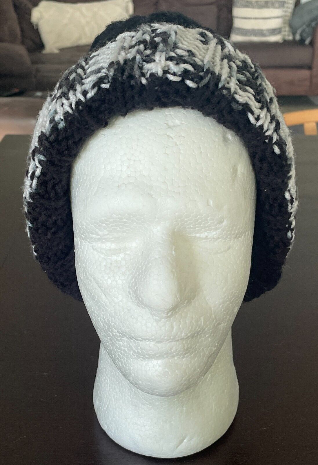 Beanie Chunky Knit White Grey Black Reversible Warm and Cosy One Size Hat Cap