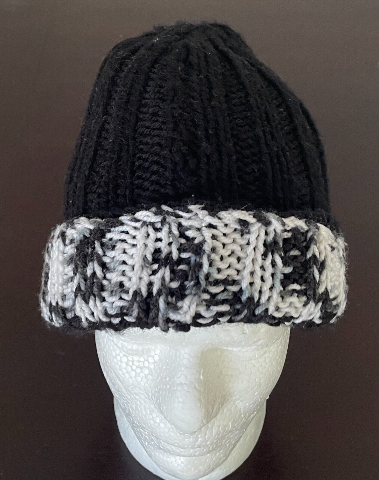 Beanie Chunky Knit White Grey Black Reversible Warm and Cosy One Size Hat Cap